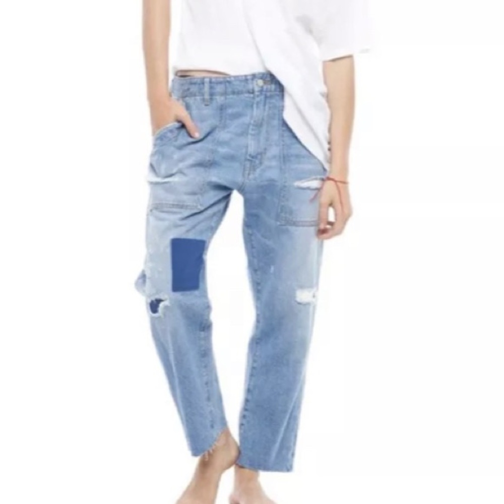 Free People SR vs Sandrine Rose indigo distressed cargo jeans with patch… - Picture 2 of 14